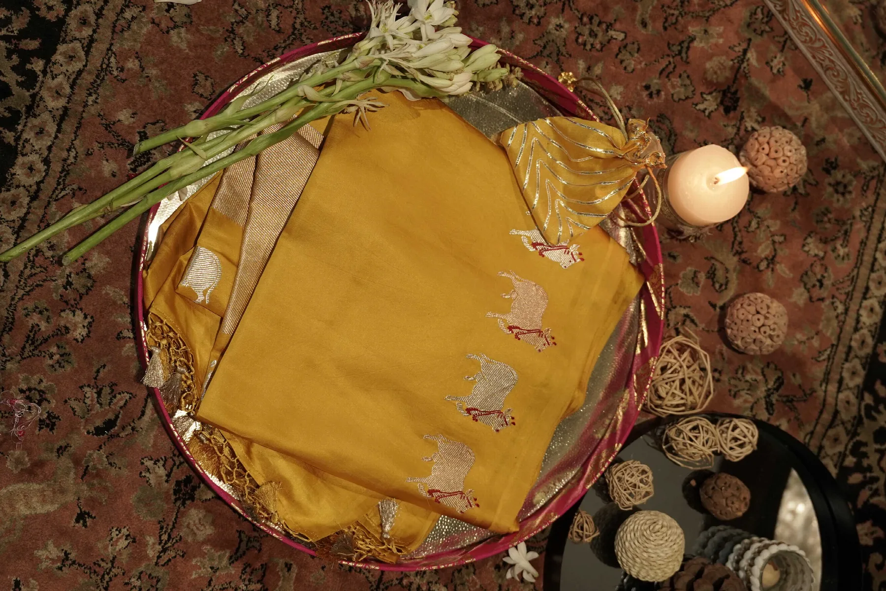 Mustard Yellow Mashroo Pure Silk Saree